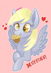 Size: 1448x2048 | Tagged: safe, artist:art_alanis, imported from derpibooru, derpy hooves, pegasus, pony, cute, derpabetes, floating heart, food, heart, mouth hold, muffin, pink background, simple background, solo