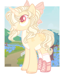 Size: 3406x4000 | Tagged: safe, artist:harusocoma, imported from derpibooru, pony, unicorn, boots, bow, detailed background, pink eyes, shoes, smiling, tail, white mane, white tail, yellow coat