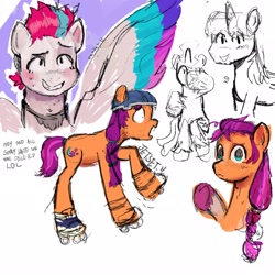 Size: 2048x2048 | Tagged: safe, artist:jetsetu, imported from derpibooru, sunny starscout, zipp storm, earth pony, pegasus, pony, duo, g5, roller skates, simple background, skates, sketch, white background