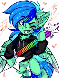 Size: 1200x1600 | Tagged: safe, artist:falafeljake, imported from derpibooru, oc, oc only, pegasus, pony, bipedal, clothes, electric guitar, guitar, hoodie, music notes, musical instrument, one eye closed, solo, wink