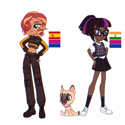 Size: 2048x2048 | Tagged: safe, artist:cryweas, imported from derpibooru, spike, spike the regular dog, sunset shimmer, twilight sparkle, dog, human, equestria girls, alternate hairstyle, belly button, belt, bisexual pride flag, boots, bracelet, cargo pants, clothes, collar, dark skin, ear piercing, earring, eyeshadow, female, fingerless gloves, glasses, gloves, hair over one eye, humanized, india, indian, indian flag, jacket, jewelry, makeup, midriff, pants, piercing, ponytail, pride, pride flag, shirt, shoes, simple background, skirt, socks, spain, spanish, spanish flag, sweater vest, tongue out, vest, white background