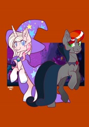 Size: 1431x2048 | Tagged: safe, artist:art_alanis, imported from derpibooru, oc, oc only, oc:jinty, earth pony, pony, unicorn, cape, clothes, duo, hat, ponyville