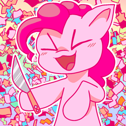 Size: 1000x1000 | Tagged: safe, artist:generalconceptofacat, imported from derpibooru, pinkie pie, earth pony, :3, ><, abstract background, blush lines, blushing, bust, confetti, eyes closed, hoof hold, knife, solo, the implications are horrible