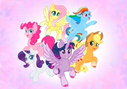 Size: 2048x1431 | Tagged: safe, artist:art_alanis, imported from derpibooru, applejack, fluttershy, pinkie pie, rainbow dash, rarity, twilight sparkle, alicorn, pegasus, pony, unicorn, gradient background, mane six, solo, twilight sparkle (alicorn)