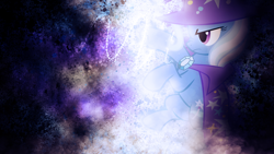 Size: 1920x1080 | Tagged: safe, artist:sandwichhorsearchive, artist:shelltoon, edit, imported from derpibooru, trixie, pony, unicorn, abstract background, bipedal, cape, clothes, female, frown, grunge, hat, lighting, mare, solo, swirls, trixie's cape, trixie's hat, wallpaper, wallpaper edit