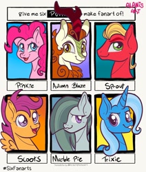 Size: 1668x1969 | Tagged: safe, artist:art_alanis, imported from derpibooru, autumn blaze, marble pie, pinkie pie, scootaloo, sprout cloverleaf, trixie, earth pony, kirin, pegasus, pony, unicorn, six fanarts, awwtumn blaze, cute, cutealoo, diapinkes, female, g5, group, male, mare, stallion