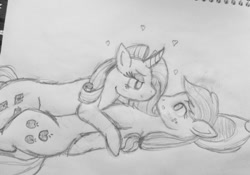 Size: 540x378 | Tagged: safe, artist:meerunn, imported from derpibooru, applejack, rarity, bedroom eyes, doodle, female, heart, imminent kissing, lesbian, lying down, on back, pencil drawing, rarijack, shipping, surprised, traditional art