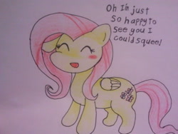 Size: 640x480 | Tagged: safe, artist:fluttersdoodles, imported from derpibooru, fluttershy, blushing, eyes closed, smiling, standing, talking to viewer, traditional art