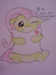 Size: 480x640 | Tagged: safe, artist:fluttersdoodles, imported from derpibooru, fluttershy, blushing, hug, one eye closed, pillow, pillow hug, sitting, talking to viewer, traditional art, wink