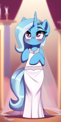 Size: 512x1024 | Tagged: safe, imported from derpibooru, trixie, semi-anthro, unicorn, ai content, ai generated, blushing, clothes, cute, diatrixes, female, generator:novelai, generator:stable diffusion, horn, solo