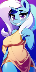 Size: 512x1024 | Tagged: safe, imported from derpibooru, trixie, anthro, unicorn, ai content, ai generated, blushing, breasts, clothes, female, generator:novelai, generator:stable diffusion, gradient background, grin, horn, looking at you, smiling, solo