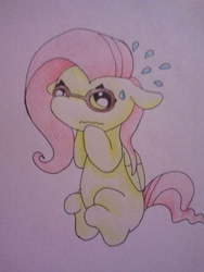 Size: 480x640 | Tagged: safe, artist:fluttersdoodles, imported from derpibooru, fluttershy, embarrassed, glasses, sitting, sweat, traditional art