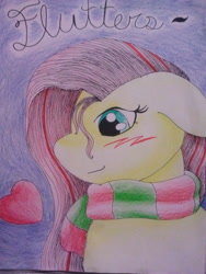 Size: 480x640 | Tagged: safe, artist:fluttersdoodles, imported from derpibooru, fluttershy, blushing, clothes, heart, looking down, scarf, smiling, solo, striped scarf, traditional art