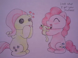 Size: 640x480 | Tagged: safe, artist:fluttersdoodles, imported from derpibooru, fluttershy, pinkie pie, pikachu, dialogue, eyes closed, heart, hooves on cheeks, plushie, pokémon, sitting, smiling, traditional art