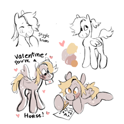 Size: 1280x1280 | Tagged: safe, artist:peachybats, imported from derpibooru, derpy hooves, pegasus, pony, alternate hairstyle, blushing, drawing, female, giggling, heart, holiday, letter, ponytail, reference sheet, simple background, sketch, solo, text, valentine you're a horse, valentine's day, white background, writing