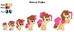 Size: 4604x2003 | Tagged: safe, artist:siriussentry, imported from derpibooru, oc, oc:sweet cake, earth pony, pony, 5-year-old, age progression, baby, baby pony, base used, female, filly, foal, mare, offspring, older, parent:cheese sandwich, parent:pinkie pie, parents:cheesepie, simple background, transparent background