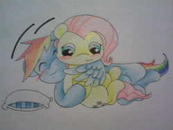 Size: 640x480 | Tagged: safe, artist:fluttersdoodles, imported from derpibooru, fluttershy, rainbow dash, blushing, eyes closed, female, flutterdash, hug, lesbian, pillow, shipping, smiling, traditional art, winghug, wings