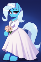 Size: 768x1152 | Tagged: safe, imported from derpibooru, trixie, pony, semi-anthro, ai content, ai generated, blue background, clothes, female, flower, generator:novelai, generator:stable diffusion, gradient background, looking at you, simple background, solo