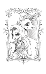 Size: 803x1285 | Tagged: safe, artist:kotle1ka, imported from derpibooru, fluttershy, rarity, pony, unicorn, black and white, fluttergoth, grayscale, monochrome, simple background, white background