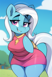 Size: 768x1152 | Tagged: safe, imported from derpibooru, trixie, anthro, unguligrade anthro, ai content, ai generated, breasts, clothes, cloud, female, generator:novelai, generator:stable diffusion, looking at you, sky, solo, thighs, tree, wide hips