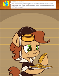 Size: 700x900 | Tagged: safe, artist:subjectnumber2394, imported from derpibooru, oc, oc:copper wings, pegasus, pony, ask, ask copper wings, clothes, comic, eating, food, goggles, herbivore, jacket, plate, waffle, wingless