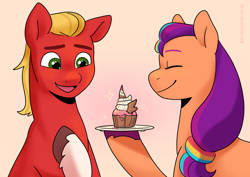 Size: 4132x2919 | Tagged: safe, artist:daisy_marshmallow, imported from derpibooru, sprout cloverleaf, sunny starscout, earth pony, pony, braid, braided ponytail, cupcake, cute, duo, eyes closed, female, food, g5, happy, male, mare, open mouth, open smile, ponytail, smiling, sproutbetes, sproutlove, stallion, sunnybetes, unshorn fetlocks