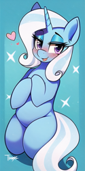 Size: 512x1024 | Tagged: safe, imported from derpibooru, trixie, pony, unicorn, ai content, ai generated, blushing, cute, diatrixes, female, generator:novelai, generator:stable diffusion, heart, horn, looking at you, mare, solo, sparkles