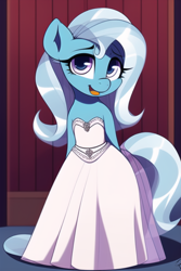 Size: 768x1152 | Tagged: safe, imported from derpibooru, trixie, semi-anthro, ai content, ai generated, clothes, cute, diatrixes, dress, female, generator:novelai, generator:stable diffusion, looking at you, open mouth, solo, wedding dress