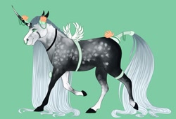 Size: 1280x871 | Tagged: safe, artist:jezebel_remedy, imported from derpibooru, oc, oc only, horse, pony, unicorn, coat markings, dappled, fake wings, flower, green background, long mane, long tail, raised hoof, simple background, solo, tail