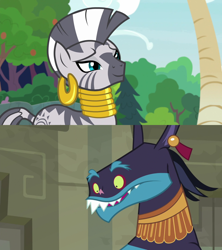 Size: 1920x2160 | Tagged: safe, imported from derpibooru, screencap, ahuizotl, zecora, pony, zebra, daring doubt, she talks to angel, ahuizecora, ear piercing, earring, female, jewelry, male, mare, neck rings, piercing, quadrupedal, shipping, shipping domino, smiling, straight