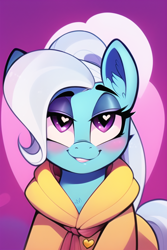 Size: 768x1152 | Tagged: safe, imported from derpibooru, trixie, earth pony, pony, abstract background, ai content, ai generated, blushing, clothes, ear fluff, female, generator:novelai, generator:stable diffusion, heart, heart eyes, looking at you, mare, smiling, solo, sweater, wingding eyes