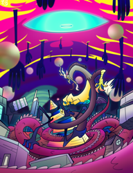 Size: 4000x5200 | Tagged: safe, artist:carbonated-jem, imported from derpibooru, discord, draconequus, abstract background, bill cipher, city, cityscape, crossover, fight, gravity falls, male, tornado, vs, weirdmageddon 4: somewhere in the woods