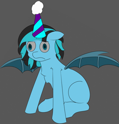 Size: 1680x1748 | Tagged: safe, artist:neon icy wings, imported from derpibooru, oc, oc only, oc:neon icy wings, bat pony, bat pony oc, full body, hat, party hat, simple background, sitting