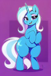 Size: 512x768 | Tagged: safe, imported from derpibooru, trixie, pony, unicorn, absurd resolution, ai content, ai generated, bipedal, eyeshadow, female, generator:novelai, generator:stable diffusion, looking at you, makeup, mare, open mouth, purple background, simple background, solo