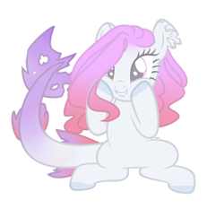 Size: 2418x2252 | Tagged: safe, artist:harusocoma, imported from derpibooru, oc, original species, pony, shark, shark pony, gradient tail, hooves on face, pink mane, purple tail, simple background, sitting, smiling, solo, tail, white background, white tail