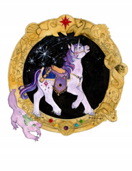 Size: 1800x2329 | Tagged: safe, artist:birman-ink, imported from derpibooru, spike, twilight sparkle, saddle, simple background, stars, tack, traditional art, watercolor painting, white background