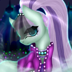 Size: 1024x1024 | Tagged: safe, artist:kinjareta, imported from derpibooru, coloratura, earth pony, pony, clothes, collar, countess coloratura, female, jacket, looking at you, mare, musician, night, side view, solo