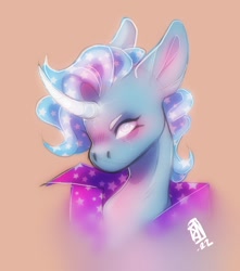 Size: 736x832 | Tagged: safe, artist:ppprinceran, imported from derpibooru, trixie, pony, unicorn, bust, cape, clothes, curved horn, horn, portrait, solo, trixie's cape