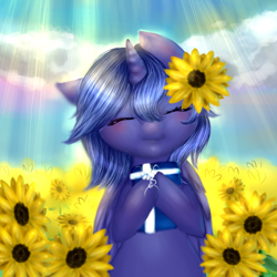 Size: 1024x1024 | Tagged: safe, artist:kinjareta, imported from derpibooru, princess luna, alicorn, eyes closed, flower, flower in hair, present, solo, sunflower, sunny day, young luna