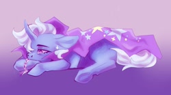 Size: 1423x789 | Tagged: safe, artist:ppprinceran, imported from derpibooru, trixie, pony, unicorn, cape, clothes, crying, lying down, solo, trixie's cape