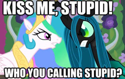 Size: 529x334 | Tagged: safe, edit, edited screencap, imported from derpibooru, screencap, princess celestia, queen chrysalis, alicorn, changeling, changeling queen, caption, image macro, looking at each other, looking at someone, stare, text
