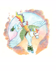 Size: 1800x2329 | Tagged: safe, artist:birman-ink, imported from derpibooru, rainbow dash, flying, saddle, simple background, solo, tack, traditional art, watercolor painting, white background