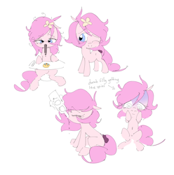 Size: 5992x6040 | Tagged: safe, artist:parfait, imported from derpibooru, oc, oc only, oc:kayla, earth pony, pony, alcohol, dizzy, drawing, drinking, drunk, female, filly, flower, flower in hair, foal, scrunchie, tired