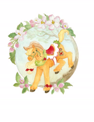 Size: 1800x2329 | Tagged: safe, artist:birman-ink, imported from derpibooru, applejack, applejack's hat, cowboy hat, flower, hat, saddle, simple background, solo, tack, traditional art, watercolor painting, white background