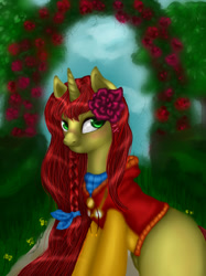 Size: 1024x1366 | Tagged: safe, artist:kinjareta, imported from derpibooru, oc, oc only, oc:gallow wisp, pony, unicorn, clothes, female, flower, garden, long mane, looking at you, mare, side view, solo, vest