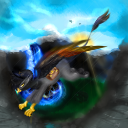 Size: 1024x1024 | Tagged: safe, artist:kinjareta, imported from derpibooru, oc, oc:ace strider, griffon, blurry background, colored wings, flying, griffon oc, hat, looking at you, multicolored wings, solo, sunset, wings