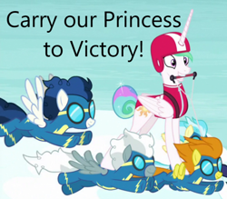 Size: 654x574 | Tagged: safe, edit, edited screencap, imported from derpibooru, screencap, blaze, high winds, misty fly, princess celestia, silver lining, silver zoom, alicorn, pegasus, pony, between dark and dawn, caption, cropped, grin, helmet, image macro, open mouth, propaganda, smiling, text, wonderbolts