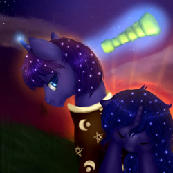 Size: 1024x1024 | Tagged: safe, artist:kinjareta, imported from derpibooru, oc, oc only, oc:asterisk, oc:moon dust, unicorn, blurry background, carrying, eyes closed, looking at you, looking back, looking back at you, night, sleeping