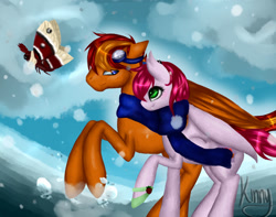 Size: 1023x807 | Tagged: safe, artist:kinjareta, imported from derpibooru, oc, oc only, oc:strawberry glimmer, oc:tech talk, bat pony, insect, moth, bat pony oc, blurry background, couple, female, male, mare, snow, snowfall, stallion