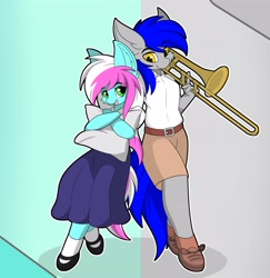 Size: 3406x3501 | Tagged: safe, artist:llhopell, imported from derpibooru, oc, oc only, oc:hope(llhopell), oc:soffy, anthro, earth pony, pegasus, chin fluff, clothes, ear fluff, female, male, musical instrument, oc x oc, pillow, shipping, shirt, shorts, simple background, skirt, straight, trombone
